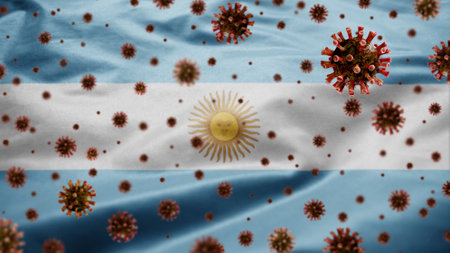 Argentinian flag waving with Coronavirus outbreak infecting respiratory system as dangerous flu. Influenza type Covid 19 virus with national Argentine banner blowing at background. Pandemic conceptの写真素材