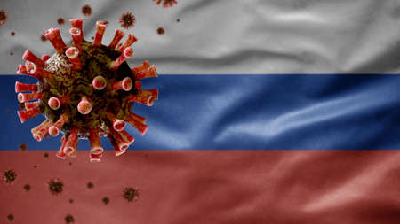 Russian flag waving with Coronavirus outbreak infecting respiratory system as dangerous flu. Influenza type Covid 19 virus with national Russia banner blowing at background. Pandemic risk conceptの写真素材