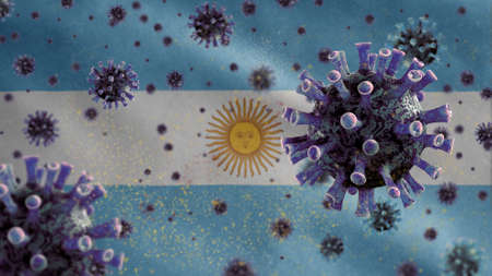 Argentinian flag waving and Coronavirus 2019 nCov concept. Asian outbreak in Argentine, coronaviruses influenza as dangerous flu strain cases as a pandemic. Microscope virus Covid19 close up.
