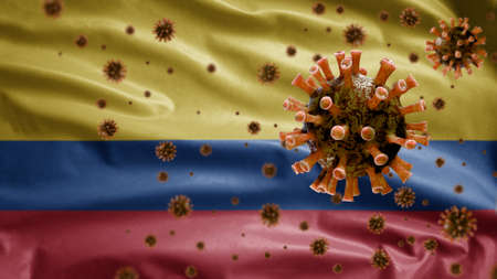 Colombian flag waving with Coronavirus outbreak infecting respiratory system as dangerous flu. Influenza type Covid 19 virus with national Colombia banner blowing at background. Pandemic risk conceptの写真素材