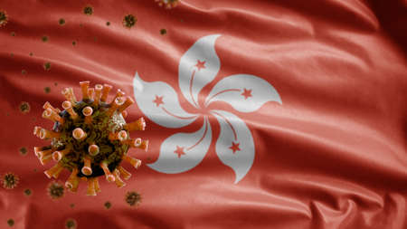 Hongkong flag waving and Coronavirus 2019 nCov concept. Asian outbreak in Hong Kong, coronaviruses influenza as dangerous flu strain cases as a pandemic. Microscope virus Covid19 close up.の写真素材