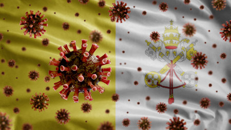 Flu coronavirus floating over Holy See flag, a pathogen that attacks the respiratory tract. Vatican City banner waving with pandemic of Covid19 virus infection concept. Close up fabric texture ensignの写真素材