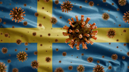 Swedish flag waving and Coronavirus 2019 nCov concept. Asian outbreak in Sweden, coronaviruses influenza as dangerous flu strain cases as a pandemic. Microscope virus Covid19 close up.の写真素材
