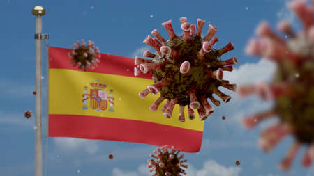 Spanish flag waving and Coronavirus 2019 nCov concept. Asian outbreak in Spain, coronaviruses influenza as dangerous flu strain cases as a pandemic. Microscope virus Covid19 close upの写真素材