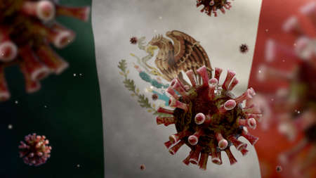Flu coronavirus floating over Mexican flag, a pathogen that attacks the respiratory tract. Mexico banner waving with pandemic of Covid19 virus infection concept. Close up of real fabric texture ensignの写真素材