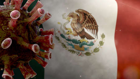 Mexican flag waving and Coronavirus 2019 nCov concept. Asian outbreak in Mexico, coronaviruses influenza as dangerous flu strain cases as a pandemic. Microscope virus Covid19 close up.の写真素材