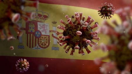 Flu coronavirus floating over Spanish flag, a pathogen that attacks the respiratory tract. Spain banner waving with pandemic of Covid19 virus infection concept. Close up of real fabric texture ensignの写真素材