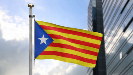 Catalonia independent flag waving in wind at modern city. Catalan estelada banner blowing soft silk....