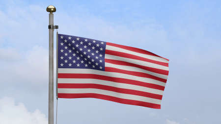 American flag waving in the wind with blue sky and clouds. USA banner blowing, soft and smooth silk....