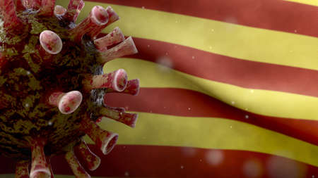 Catalonia flag waving with Coronavirus outbreak infecting respiratory system as dangerous flu. Influenza type Covid 19 virus with national Catalan banner blowing at background. Pandemic risk conceptの写真素材