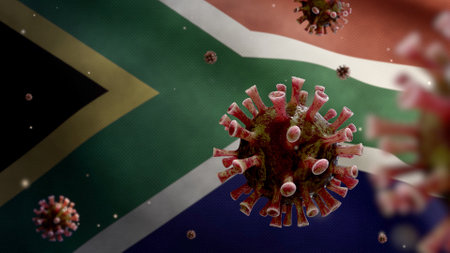 Flu coronavirus floating over African RSA flag, a pathogen that attacks the respiratory tract. South Africa banner waving with pandemic of Covid19 virus infection concept. Real fabric texture ensignの写真素材