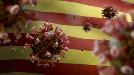 Flu coronavirus floating over Catalonia flag, a pathogen that attacks the respiratory tract. Catalan banner waving with pandemic of Covid19 virus infection concept. Close up of fabric texture ensignの写真素材