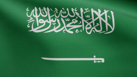 Kingdom Saudi Arabia flag waving in the wind. Close up of KSA banner blowing, soft and smooth silk. Cloth fabric texture ensign background. Use it for national day and country occasions concept.の写真素材