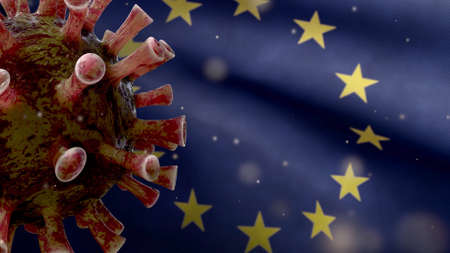 European Union flag waving with Coronavirus outbreak infecting respiratory system as dangerous flu....
