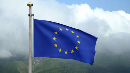 European Union flag waving in wind at mountain. Close up of Europe banner blowing, soft and smooth...