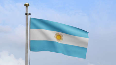 Argentinian flag waving in wind with blue sky. Closeup of Argentine banner blowing, soft and smooth silk. Cloth fabric texture ensign background. Use it for national day and country occasions concept.の写真素材