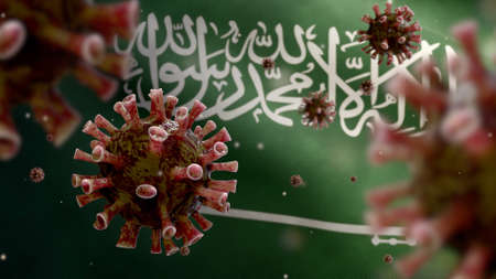 Flu coronavirus floating over Kingdom Saudi Arabia flag, pathogen that attacks the respiratory tract. KSA banner waving with pandemic of Covid19 virus infection concept. Closeup fabric texture ensignの写真素材