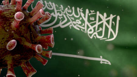 Kingdom Saudi Arabia flag waving with Coronavirus outbreak infecting respiratory system as dangerous flu. Influenza type Covid 19 virus with national KSA banner blowing background. Pandemic conceptの写真素材