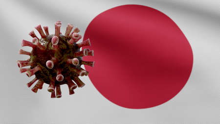 Japanese flag waving and Coronavirus 2019 nCov concept. Asian outbreak in Japan, coronaviruses influenza as dangerous flu strain cases as a pandemic. Microscope virus Covid19 close up.の写真素材