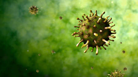 3D illustration flu coronavirus floating in fluid microscopic view, a pathogen that attacks the respiratory tract. Pandemic of Covid19 virus infection concept.の写真素材