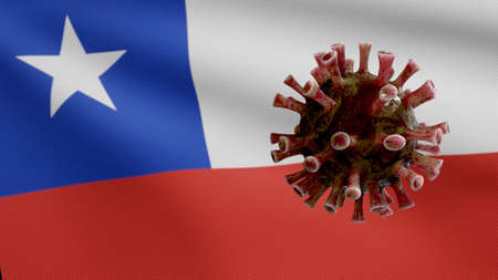 3D illustration Chilean flag waving and Coronavirus 2019 nCov concept. Asian outbreak in Chile, coronaviruses influenza as dangerous flu strain cases as a pandemic. Microscope virus Covid19 close up.の写真素材