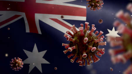 3D illustration Flu coronavirus floating over Australian flag, pathogen attacks respiratory tract. Australia banner waving with pandemic Covid19 virus infection concept. Closeup fabric texture ensignの写真素材