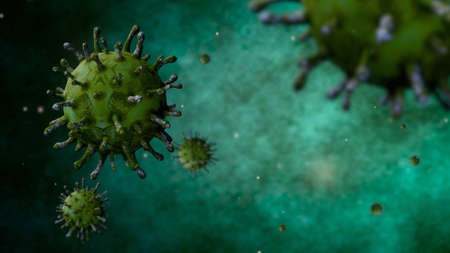 3D illustration. Coronavirus 2019 nCov concept resposible for asian flu outbreak and coronaviruses influenza as dangerous flu strain cases as a pandemic. Microscope virus Covid19 close up.の写真素材