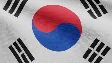 3D illustration Korean flag waving in wind. Close up of South Korea banner blowing, soft and smooth...
