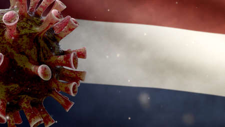3D illustration Dutch flag waving with Coronavirus outbreak infecting respiratory system as dangerous flu. Influenza type Covid 19 virus with national Netherlands banner blowing background. Pandemicの写真素材