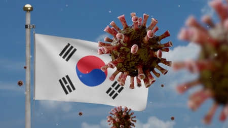 3D illustration Korean flag waving and Coronavirus 2019 nCov concept. Asian outbreak in South Korea, coronaviruses influenza as dangerous flu strain cases as a pandemic. Microscope virus Covid 19の写真素材