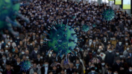 3D illustration Flu coronavirus floating over people at Shinagawa Station of Japan. Japanese business passengers walking to work. Pandemic of Covid19 virus infection concept. Rendering animationの写真素材