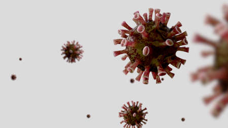 3D illustration flu coronavirus floating in fluid microscopic view, a pathogen that attacks the respiratory tract. Pandemic of Covid19 virus infection concept.の写真素材