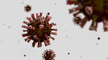 3D illustration. Coronavirus outbreak infecting respiratory system. Influenza type Covid 19 virus background as dangerous flu. Pandemic medical health risk concept with disease cells.の写真素材