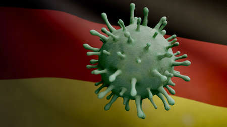 3D illustration German flag waving and Coronavirus 2019 nCov concept. Asian outbreak in Germany, coronaviruses influenza as dangerous flu strain cases as a pandemic. Microscope virus Covid19 close up.の写真素材