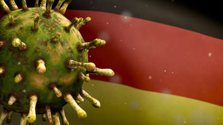 3D illustration flu coronavirus floating over German flag, pathogen attacks respiratory tract....