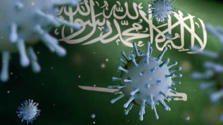 3D illustration Flu coronavirus floating over Kingdom Saudi Arabia flag, pathogen attacks respiratory tract. KSA banner waving with pandemic Covid19 virus infection concept. Fabric texture ensignの写真素材