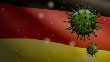 3D illustration German flag waving and Coronavirus 2019 nCov concept. Asian outbreak in Germany, coronaviruses influenza as dangerous flu strain cases as a pandemic. Microscope virus Covid19 close up.の写真素材