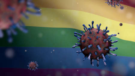 3D illustration Pride gay flag waving with Coronavirus outbreak infecting respiratory system as...