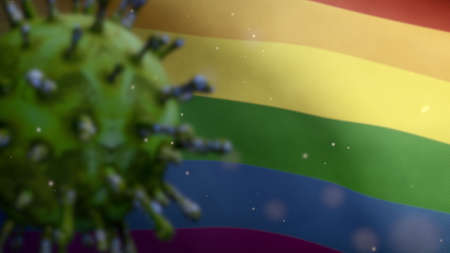 3D illustration Flu coronavirus floating over pride gay flag, pathogen attacks respiratory tract. LGBT rainbow banner waving with pandemic Covid19 virus infection concept. Real fabric texture ensignの写真素材