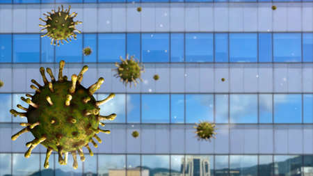 3D illustration. Virus Covid 19 on wonderful skyscraper business office in the center city a beauty day with blue sky. Windows of landmark skyline and coronavirus outbreakの写真素材