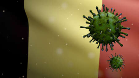 3D illustration Belgian flag waving and Coronavirus 2019nCov concept. Asian outbreak in Belgium, coronaviruses influenza as dangerous flu strain cases as a pandemic. Microscope virus Covid19 close up.の写真素材