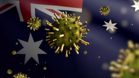 3D illustration Flu coronavirus floating over Australian flag, pathogen attacks respiratory tract. Australia banner waving with pandemic Covid19 virus infection concept. Closeup fabric texture ensignの写真素材