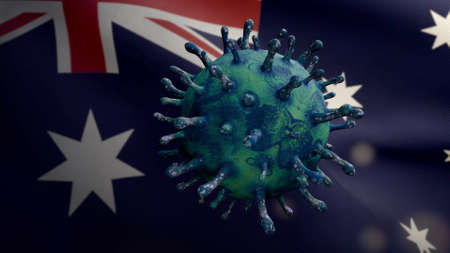 3D illustration Flu coronavirus floating over Australian flag, pathogen attacks respiratory tract. Australia banner waving with pandemic Covid19 virus infection concept. Closeup fabric texture ensignの写真素材