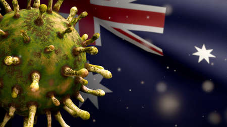 3D illustration Australian flag waving and Coronavirus 2019 nCov. Asian outbreak in Australia, coronaviruses influenza as dangerous flu strain cases as a pandemic. Microscope virus Covid19 close up.の写真素材