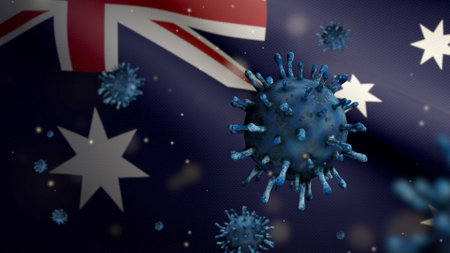 3D illustration Australian flag waving and Coronavirus 2019 nCov. Asian outbreak in Australia, coronaviruses influenza as dangerous flu strain cases as a pandemic. Microscope virus Covid19 close up.の写真素材