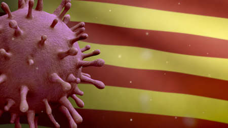 3D illustration Catalonia independent flag waving and Coronavirus 2019 nCov concept. Asian outbreak in Catalan, coronaviruses influenza as dangerous flu strain cases as a pandemic. Covid 19の写真素材