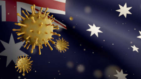 3D illustration Australian flag waving and Coronavirus 2019 nCov. Asian outbreak in Australia, coronaviruses influenza as dangerous flu strain cases as a pandemic. Microscope virus Covid19 close up.の写真素材