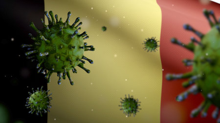 3D illustration Belgian flag waving with Coronavirus outbreak infecting respiratory system as dangerous flu. Covid 19 virus with national Belgium banner blowing at background. Pandemic risk conceptの写真素材