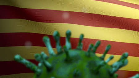 3D illustration Catalonia independent flag waving and Coronavirus 2019 nCov concept. Asian outbreak in Catalan, coronaviruses influenza as dangerous flu strain cases as a pandemic. Covid 19の写真素材