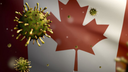 3D illustration Canadian flag waving and Coronavirus 2019 nCov concept. Asian outbreak in Canada, coronaviruses influenza as dangerous flu strain cases as a pandemic. Microscope virus Covid19 close upの写真素材